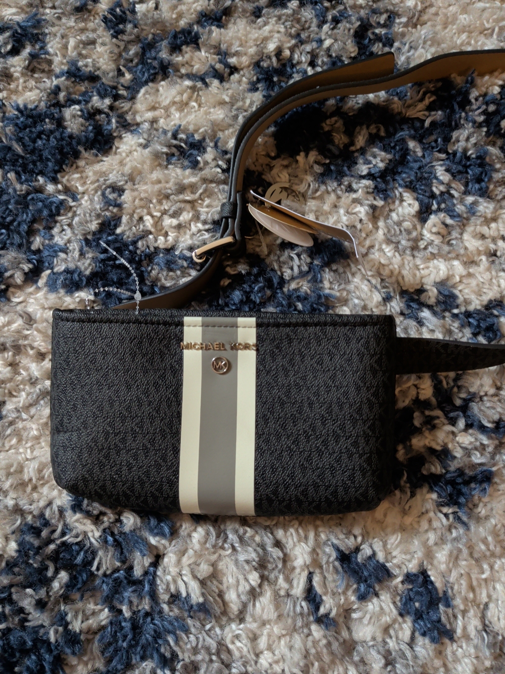 Michael Kors Black Crossbody Belt Bag with Cream and Gray Stripe